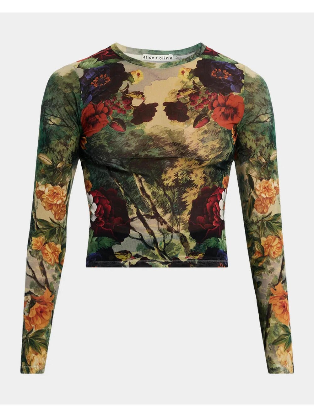 NEW, Alice + Olivia Forbidden Forest Delaina Mesh Top in Forbidden Sz L #T3864